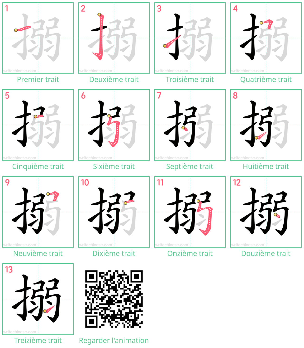 Diagrammes d'ordre des traits étape par étape pour le caractère 搦