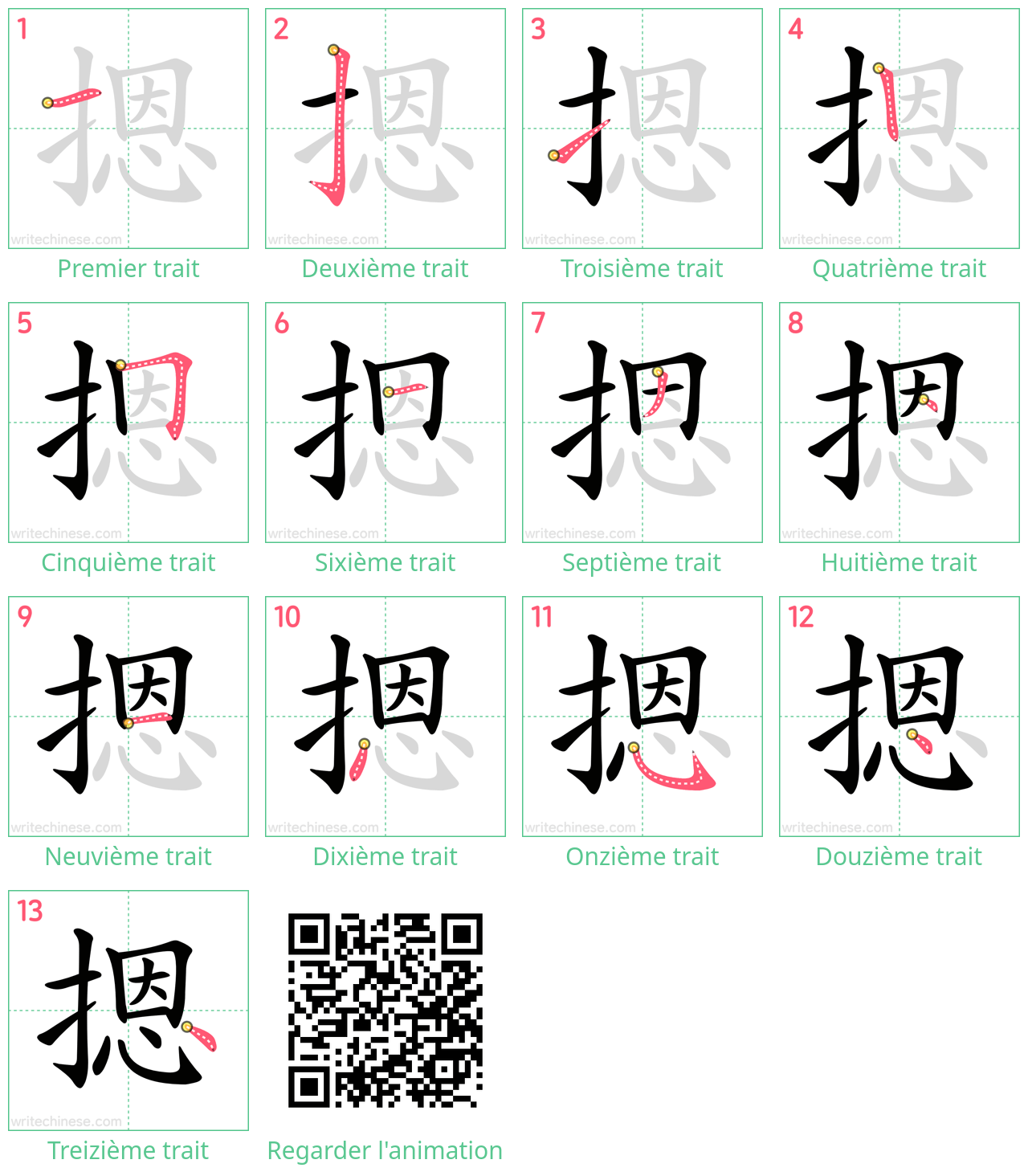 Diagrammes d'ordre des traits étape par étape pour le caractère 摁