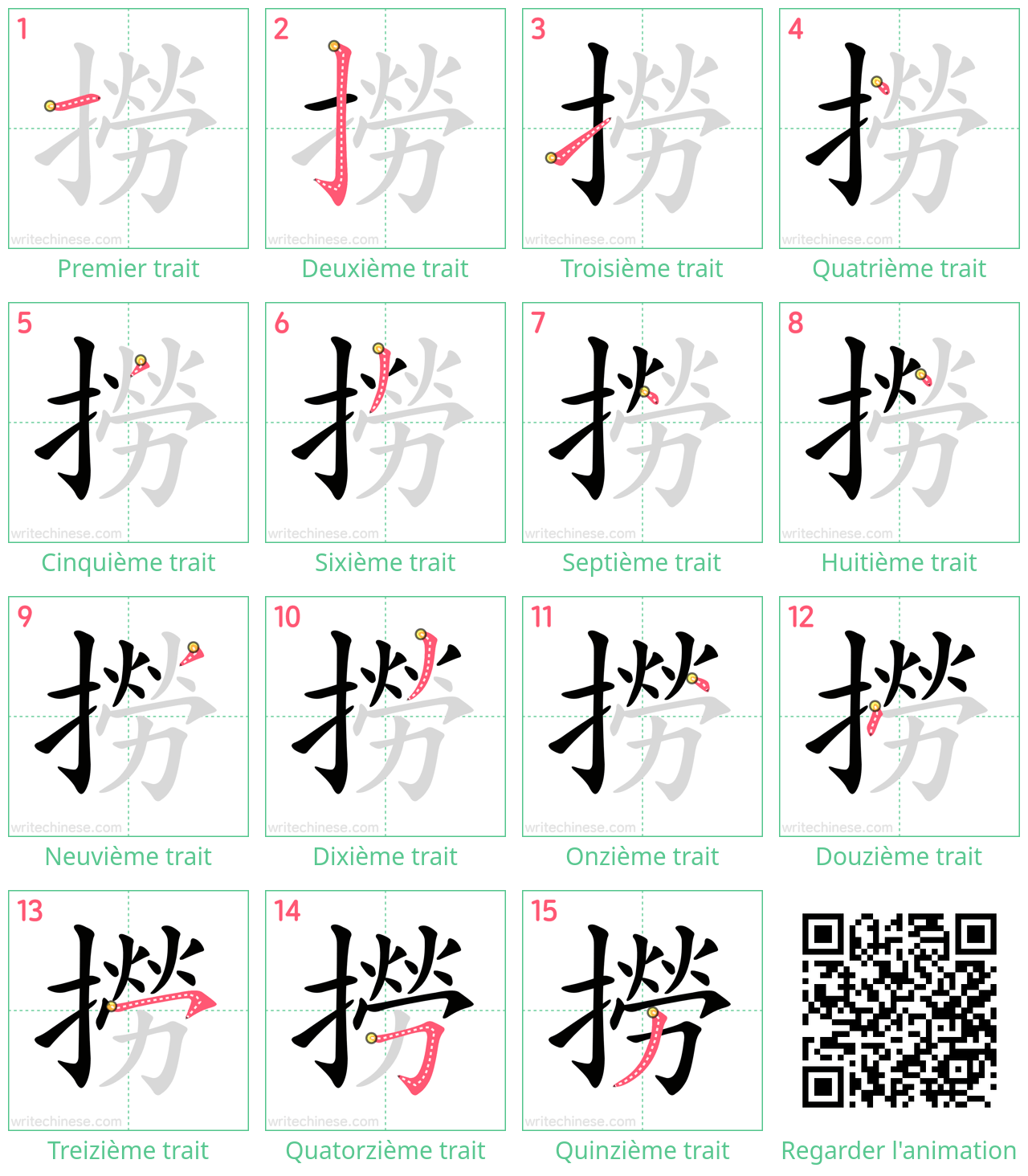 Diagrammes d'ordre des traits étape par étape pour le caractère 撈