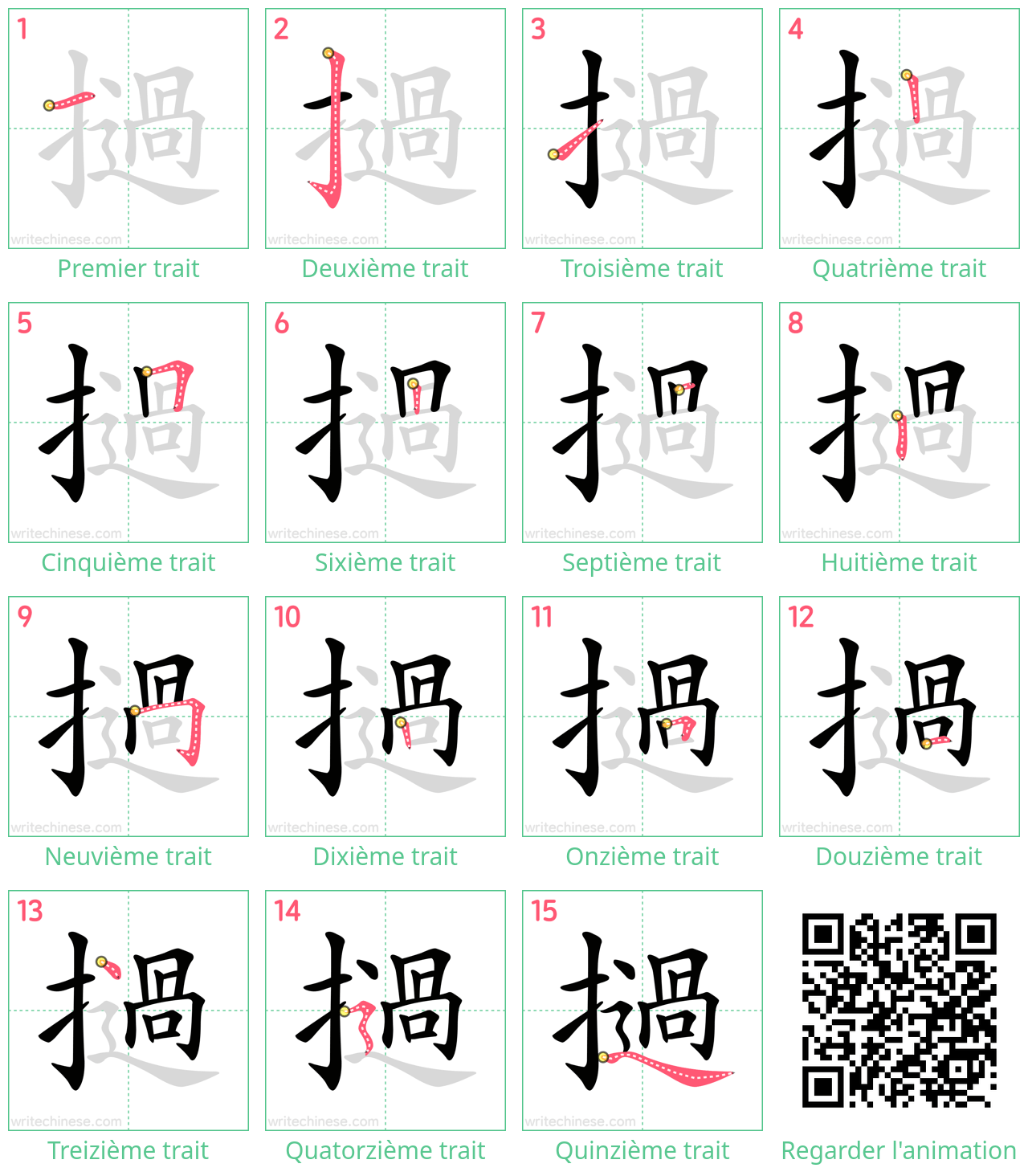 Diagrammes d'ordre des traits étape par étape pour le caractère 撾