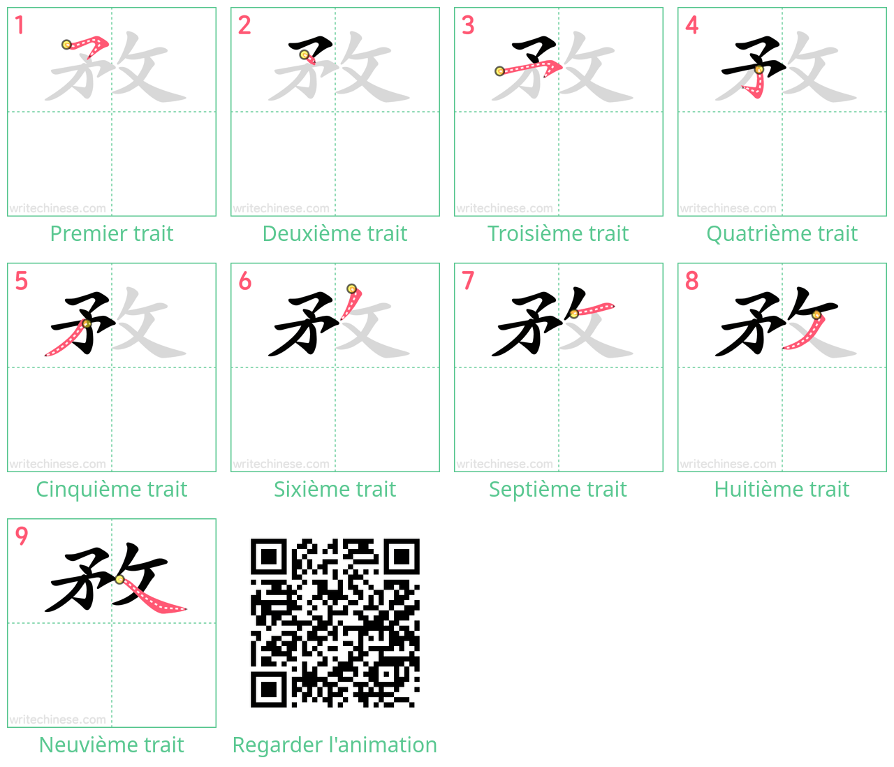 Diagrammes d'ordre des traits étape par étape pour le caractère 敄