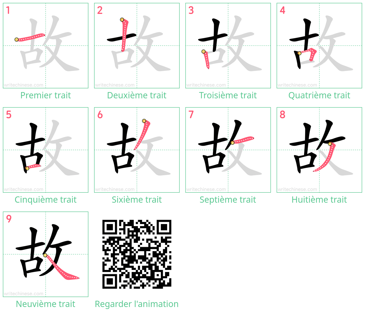 Diagrammes d'ordre des traits étape par étape pour le caractère 故