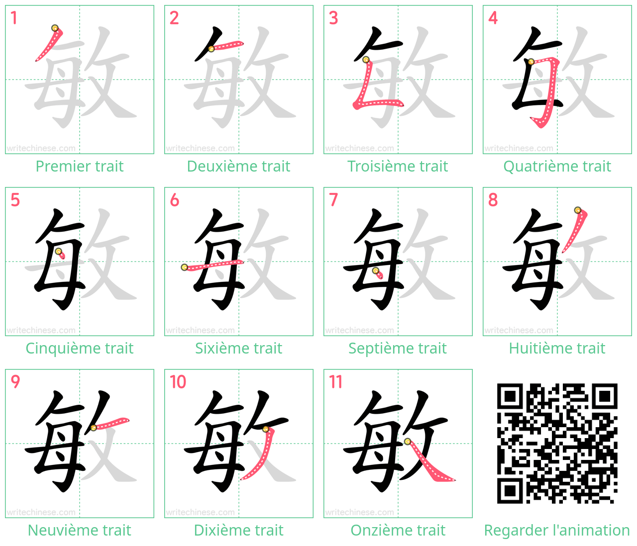 Diagrammes d'ordre des traits étape par étape pour le caractère 敏