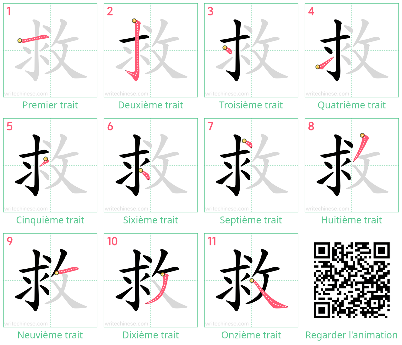 Diagrammes d'ordre des traits étape par étape pour le caractère 救