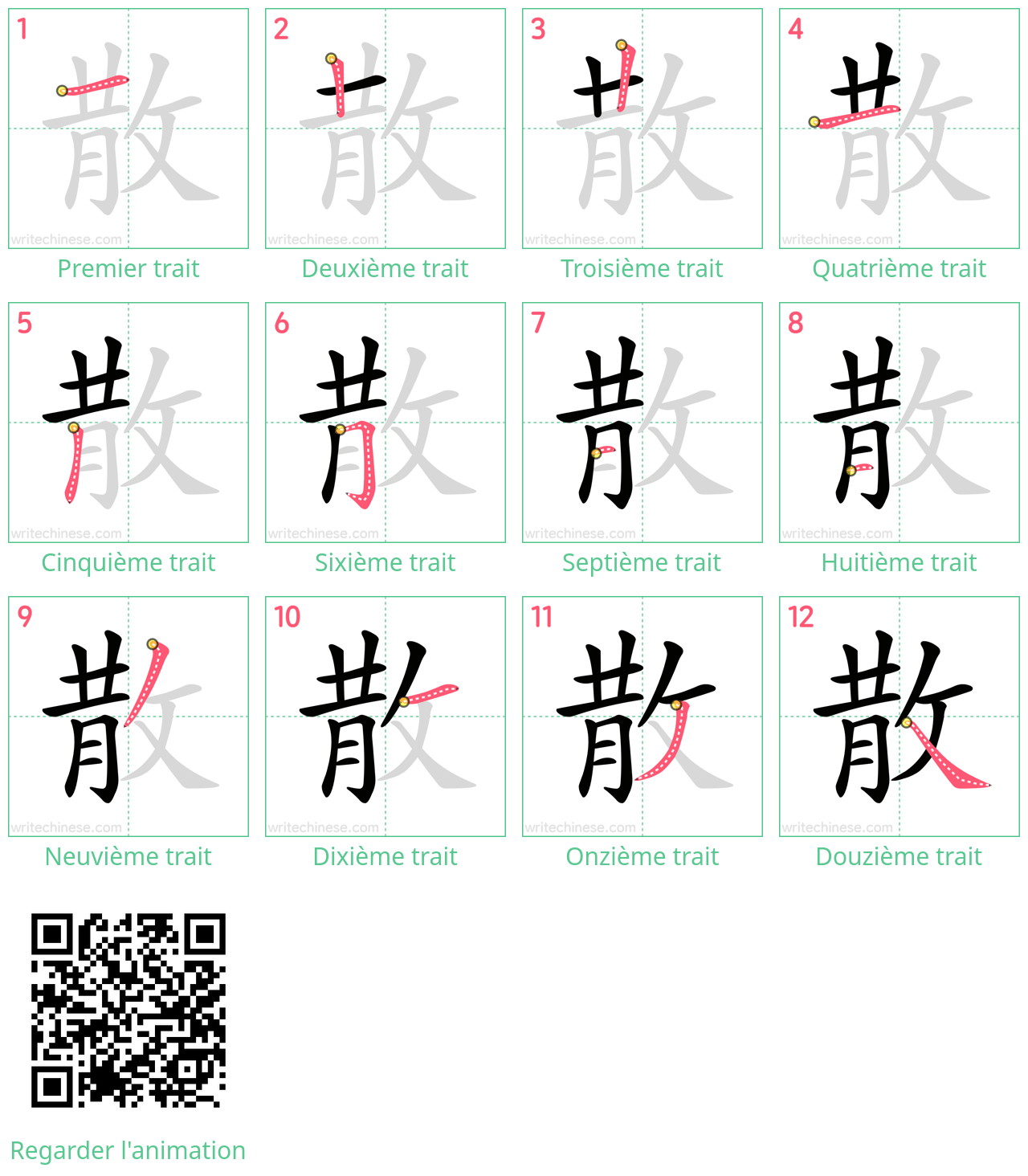 Diagrammes d'ordre des traits étape par étape pour le caractère 散