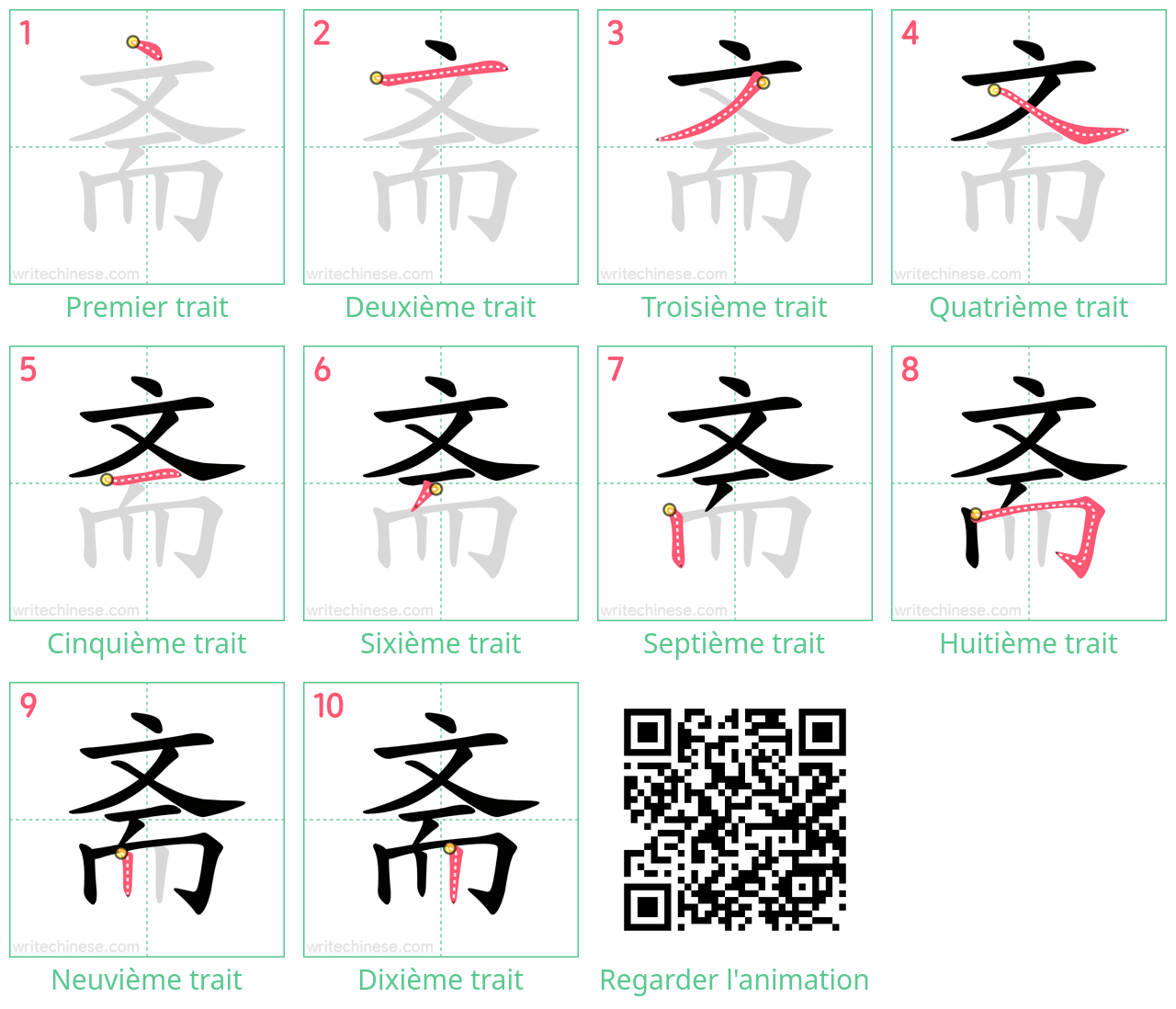 Diagrammes d'ordre des traits étape par étape pour le caractère 斋