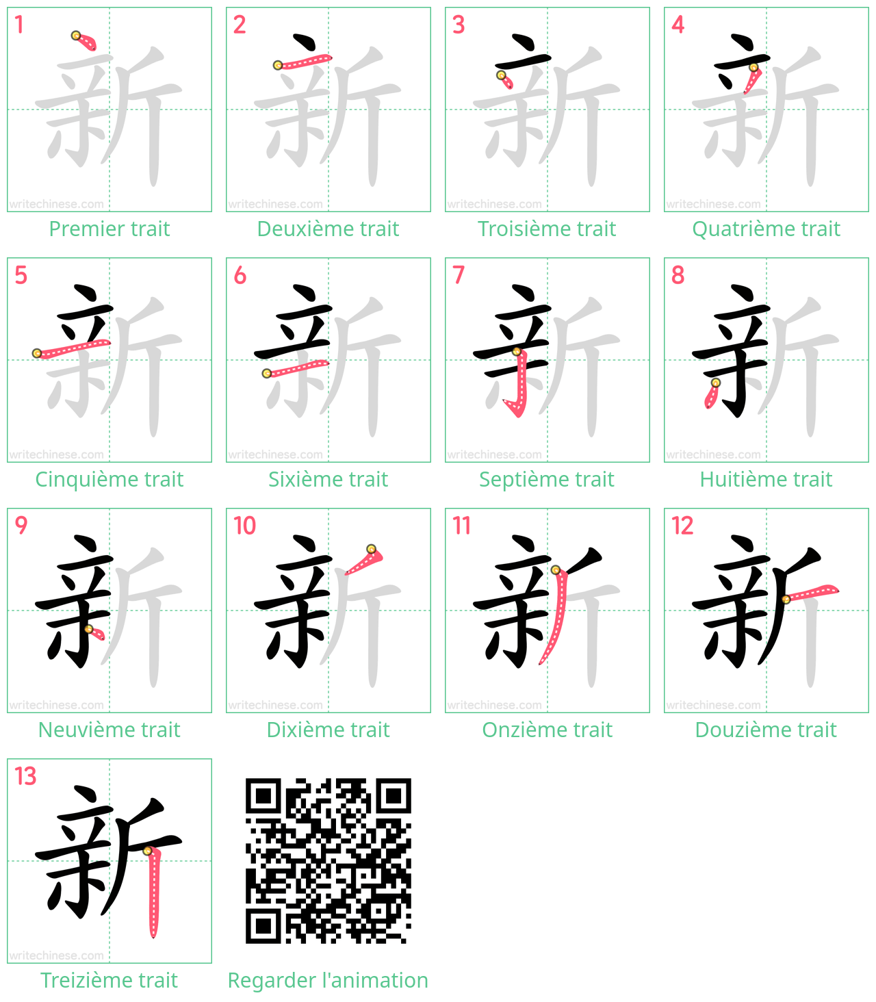 Diagrammes d'ordre des traits étape par étape pour le caractère 新