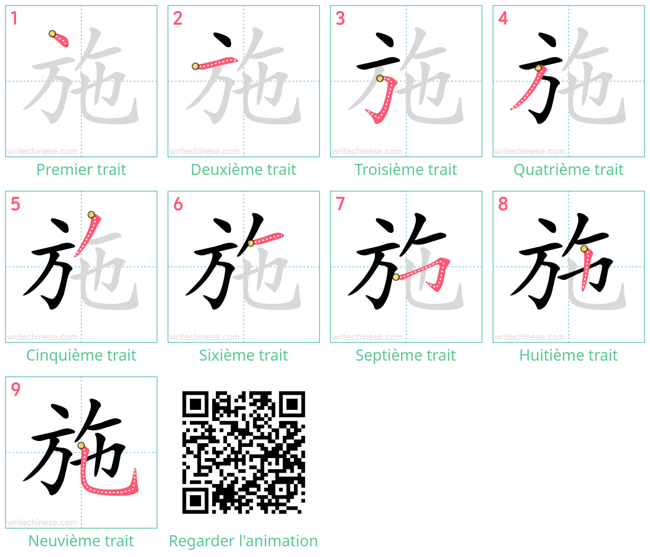 Diagrammes d'ordre des traits étape par étape pour le caractère 施