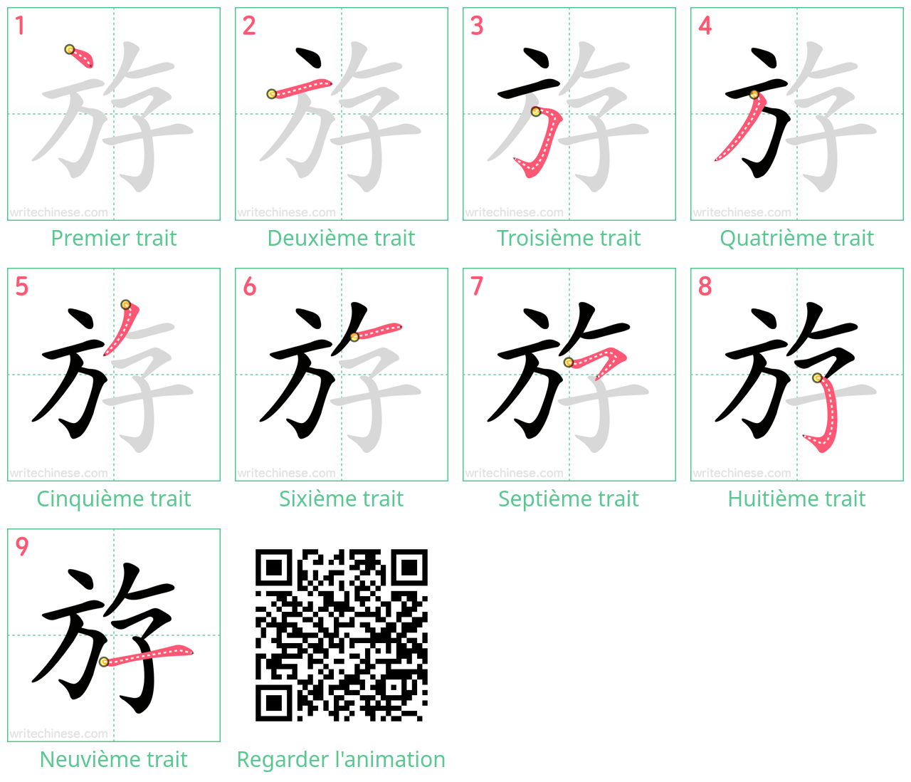 Diagrammes d'ordre des traits étape par étape pour le caractère 斿