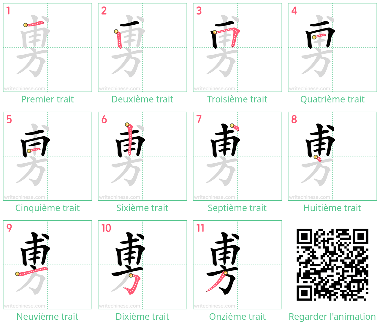 Diagrammes d'ordre des traits étape par étape pour le caractère 旉