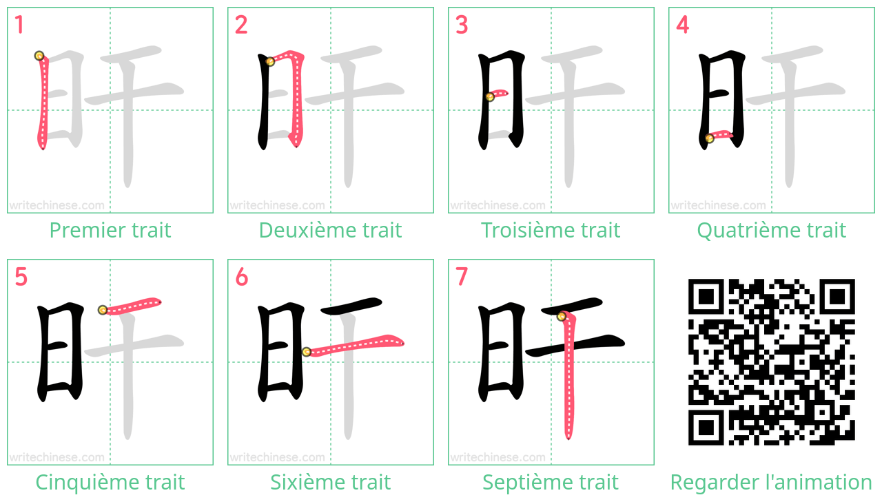 Diagrammes d'ordre des traits étape par étape pour le caractère 旰