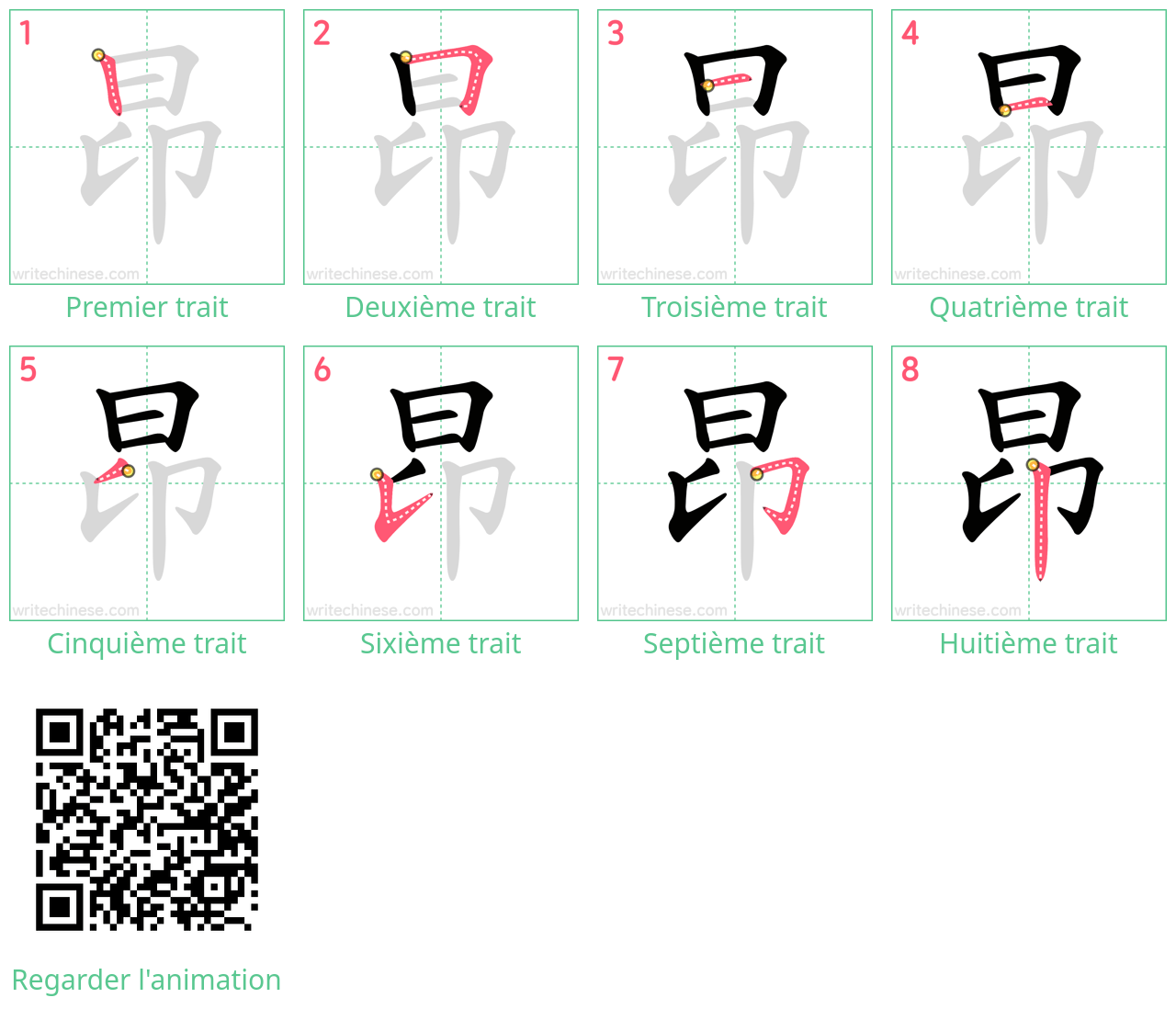 Diagrammes d'ordre des traits étape par étape pour le caractère 昂