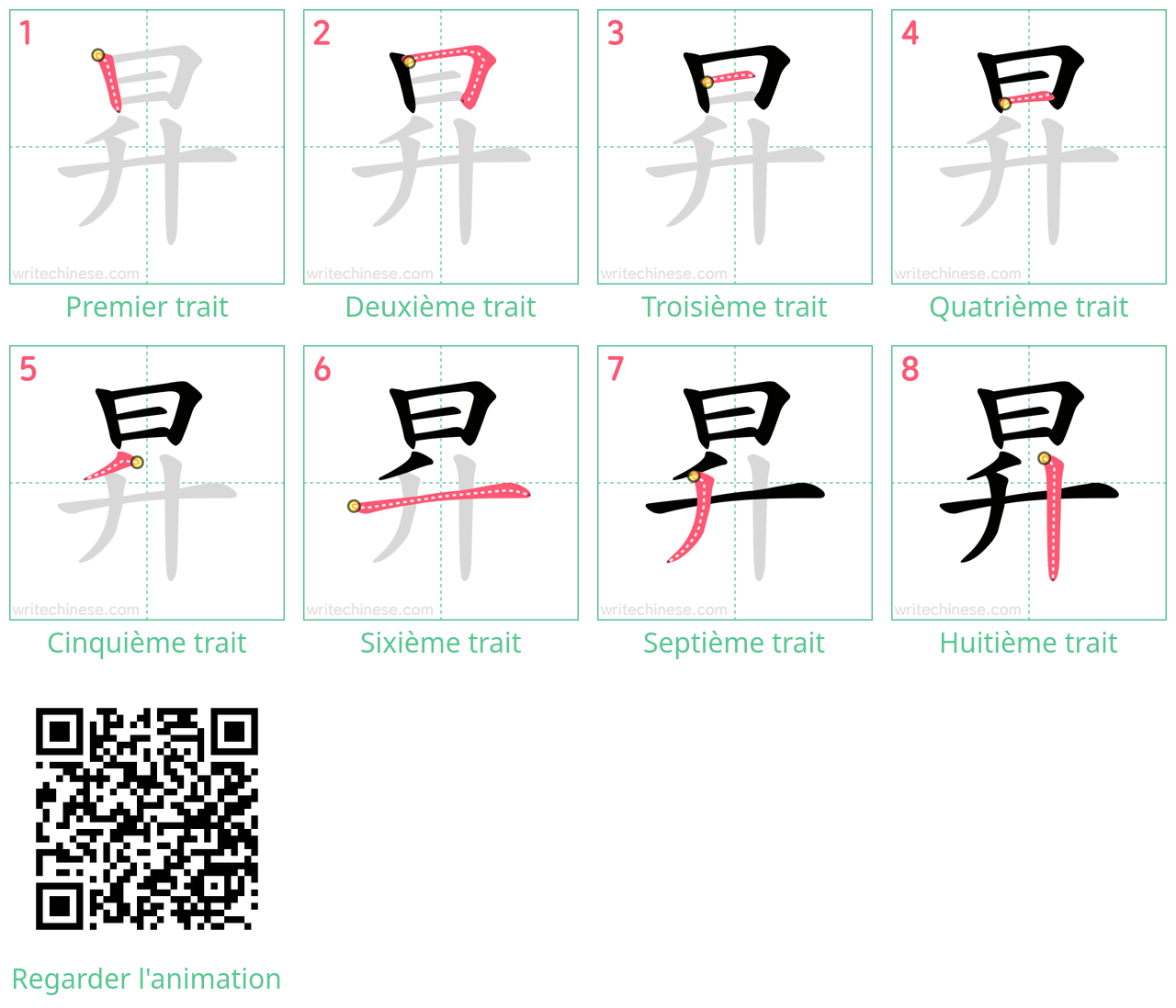 Diagrammes d'ordre des traits étape par étape pour le caractère 昇