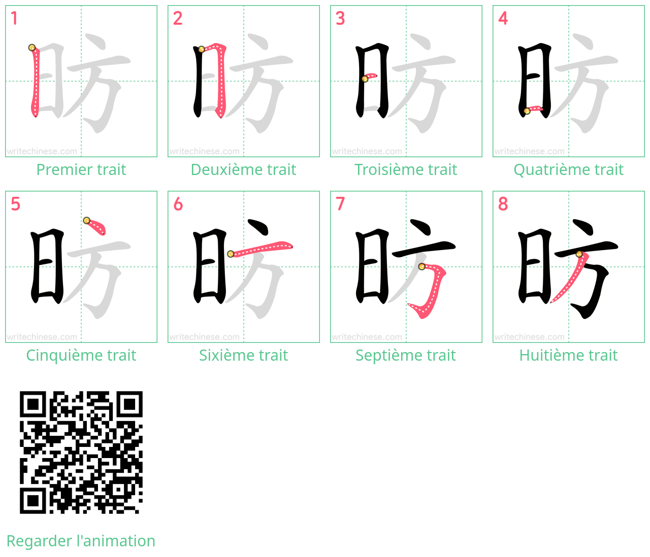 Diagrammes d'ordre des traits étape par étape pour le caractère 昉