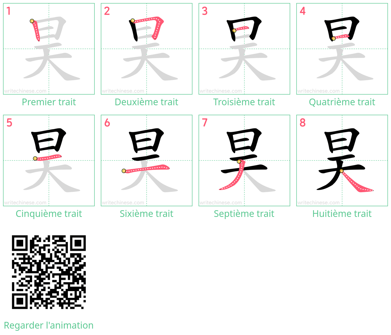 Diagrammes d'ordre des traits étape par étape pour le caractère 昊