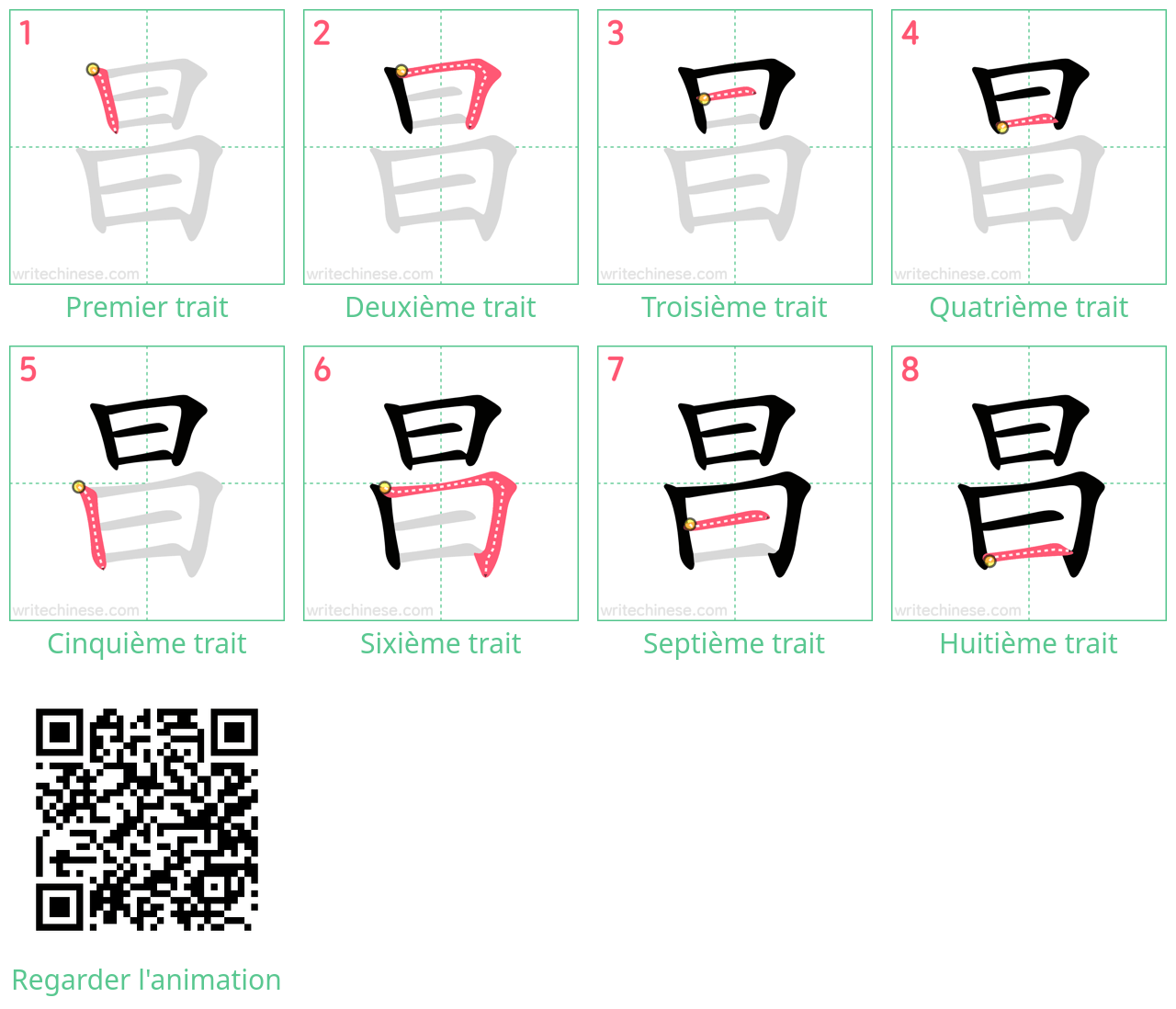 Diagrammes d'ordre des traits étape par étape pour le caractère 昌