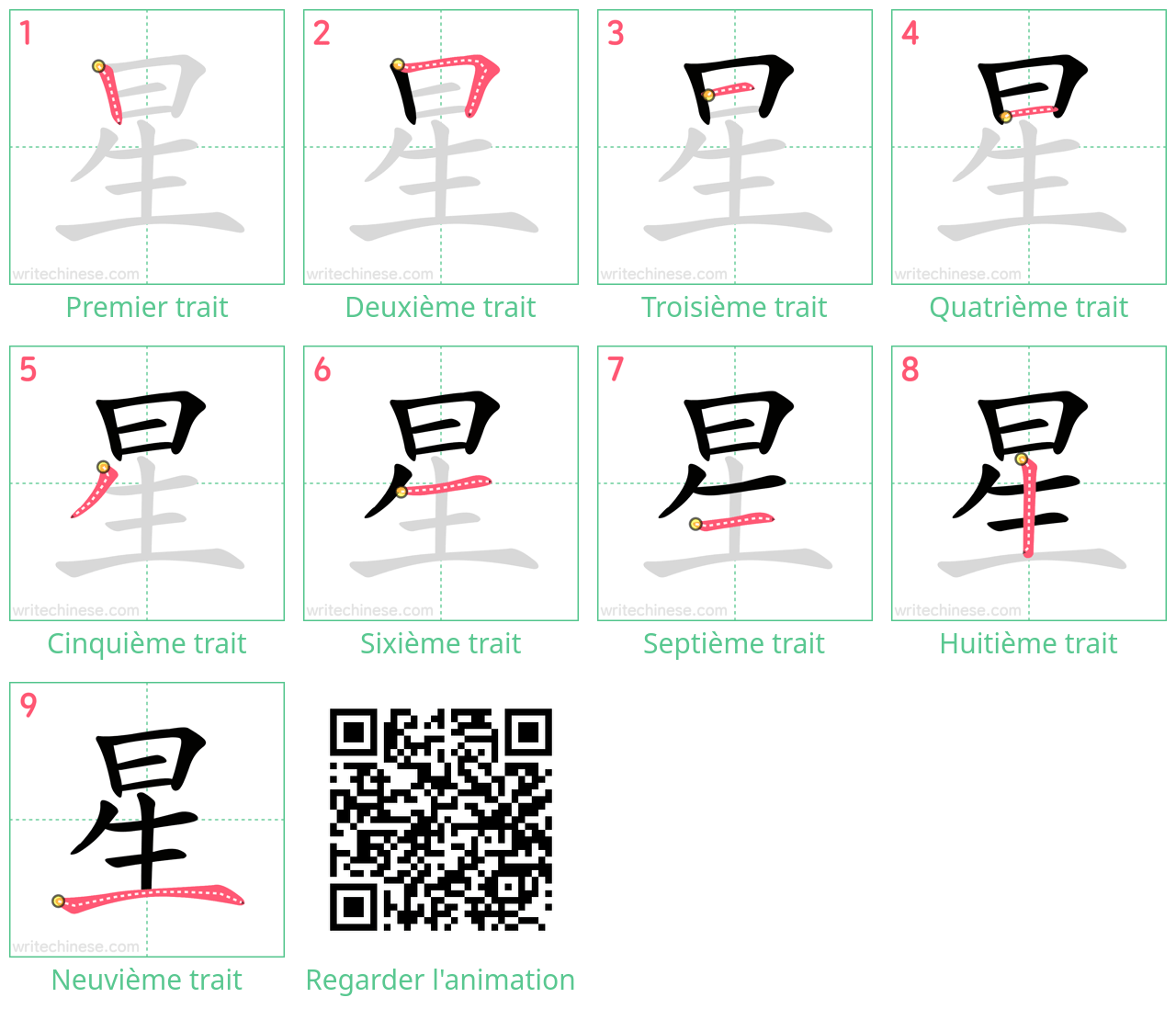 Diagrammes d'ordre des traits étape par étape pour le caractère 星