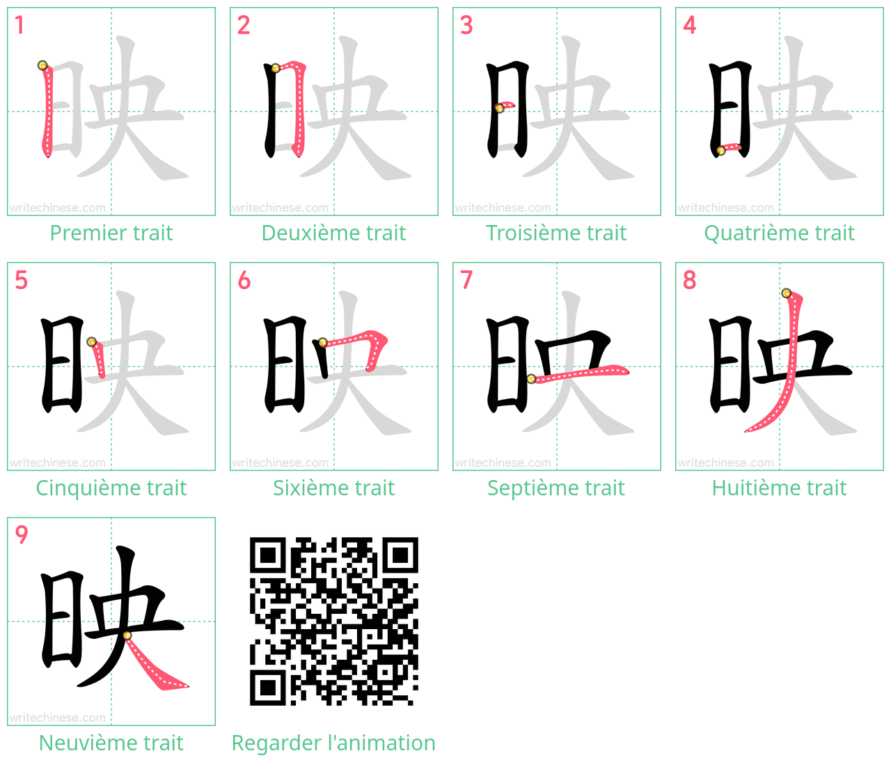 Diagrammes d'ordre des traits étape par étape pour le caractère 映