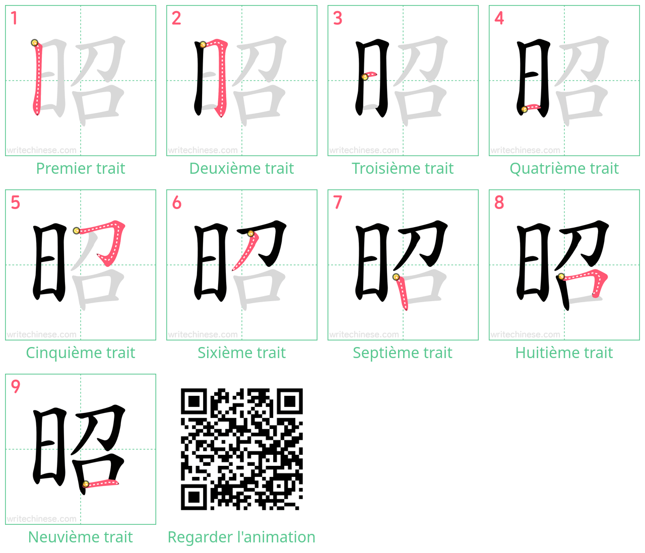 Diagrammes d'ordre des traits étape par étape pour le caractère 昭