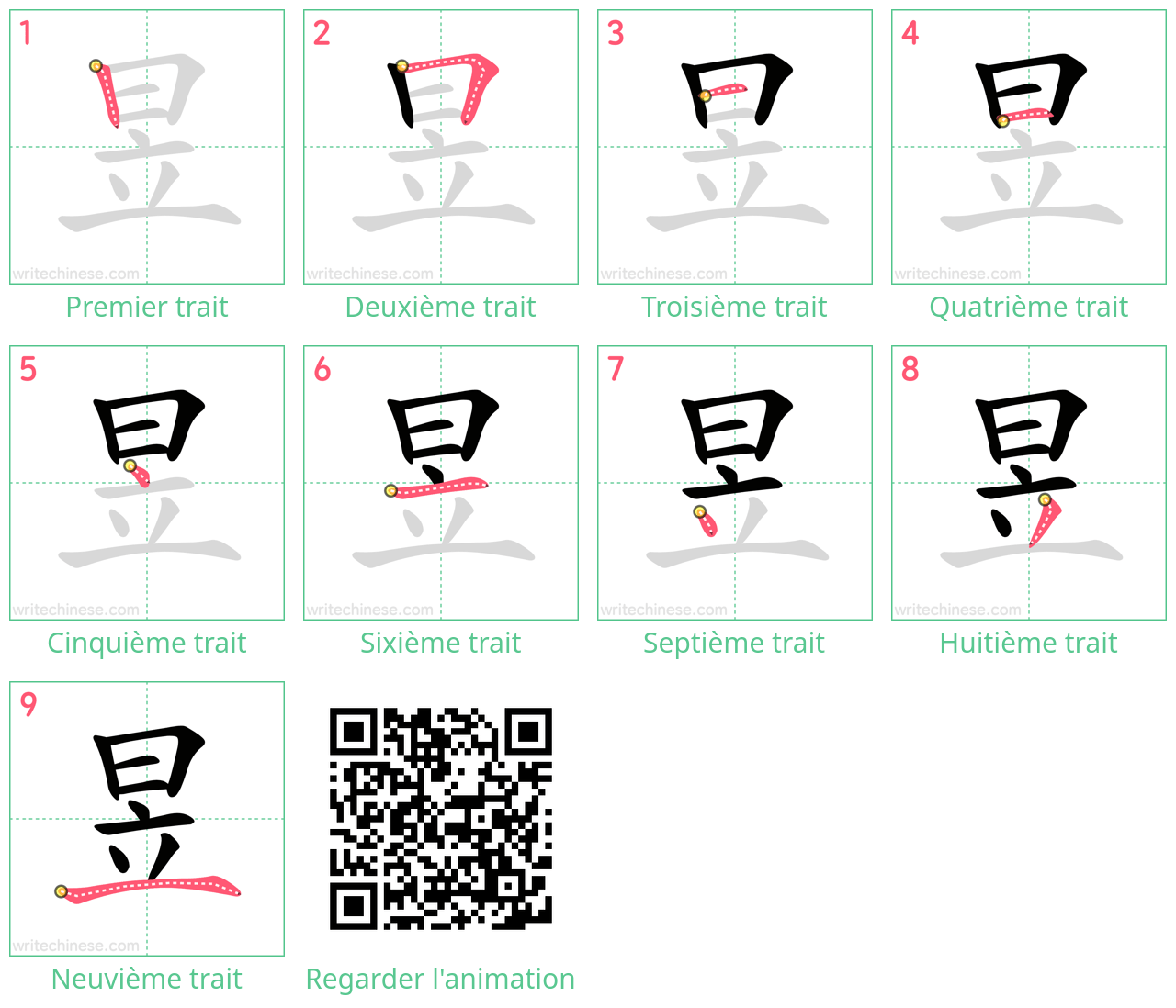 Diagrammes d'ordre des traits étape par étape pour le caractère 昱