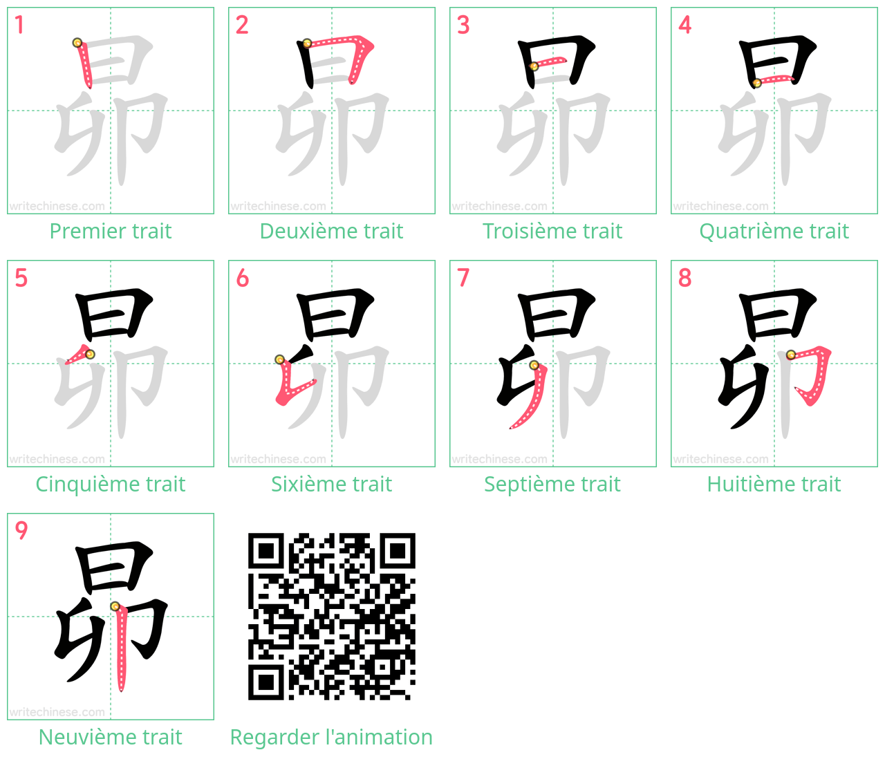 Diagrammes d'ordre des traits étape par étape pour le caractère 昴