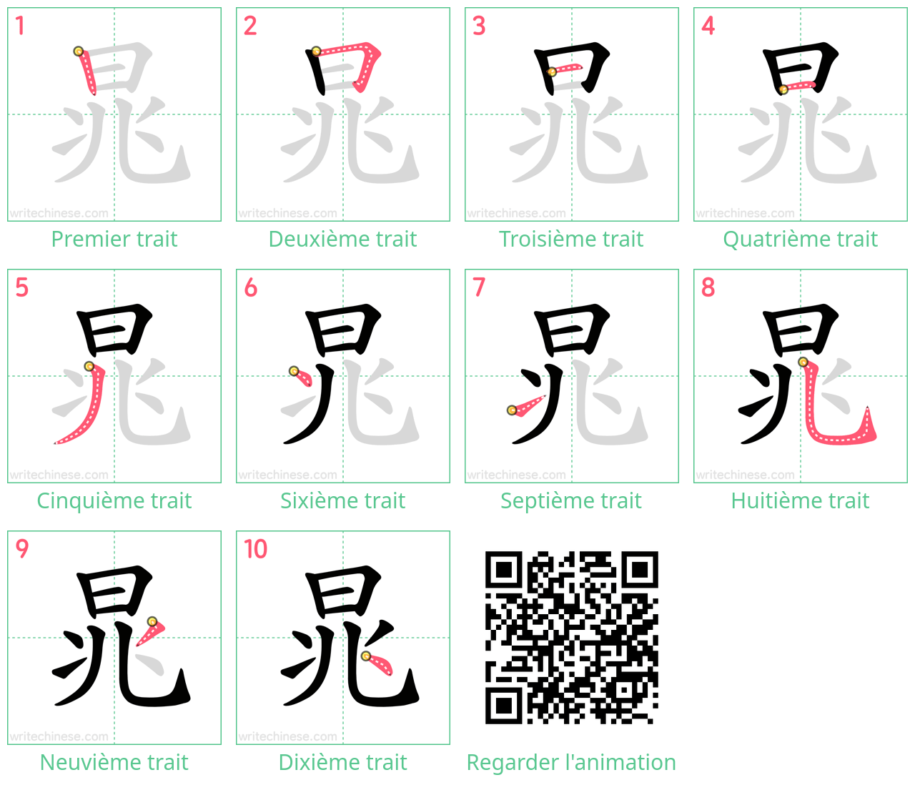 Diagrammes d'ordre des traits étape par étape pour le caractère 晁