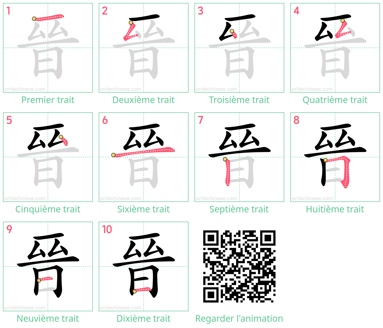 Diagrammes d'ordre des traits étape par étape pour le caractère 晉