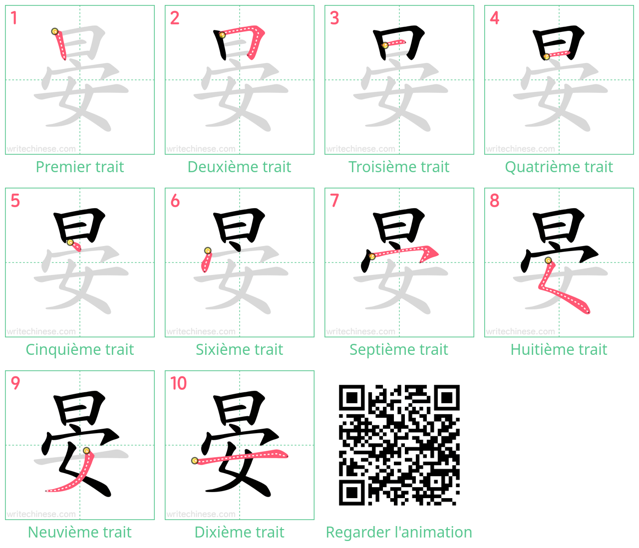 Diagrammes d'ordre des traits étape par étape pour le caractère 晏