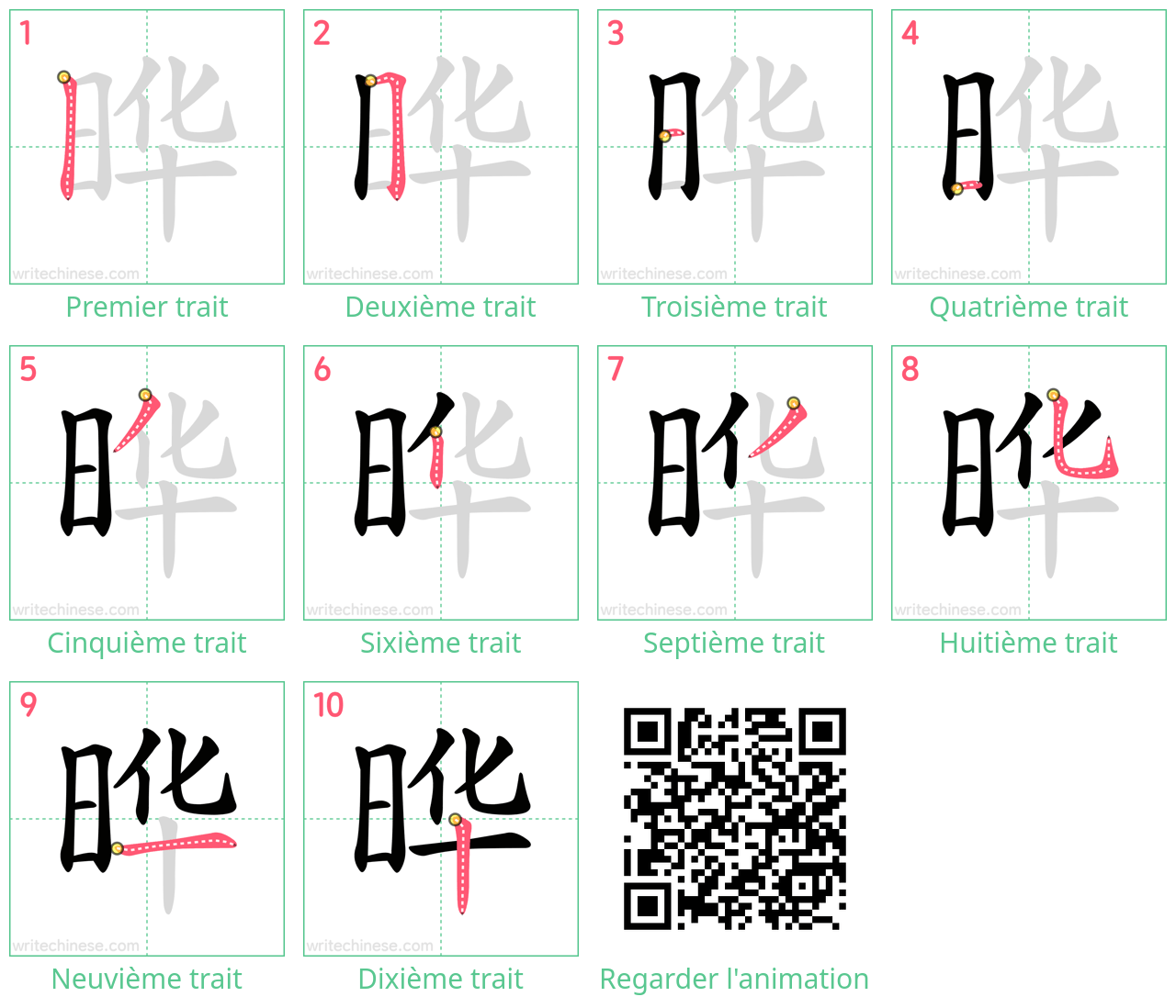Diagrammes d'ordre des traits étape par étape pour le caractère 晔