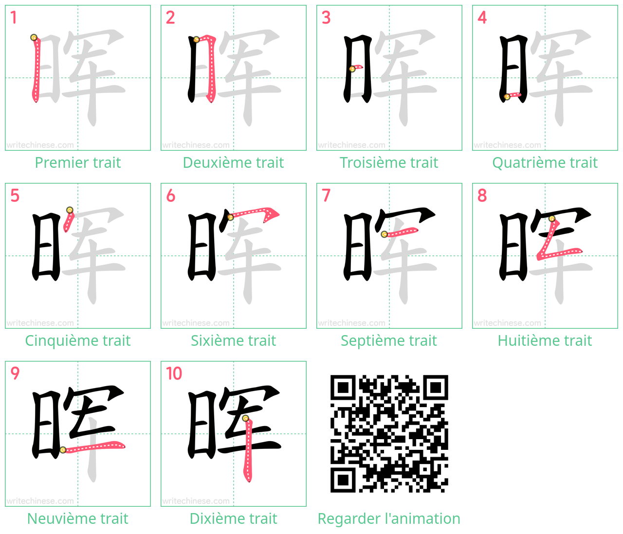 Diagrammes d'ordre des traits étape par étape pour le caractère 晖
