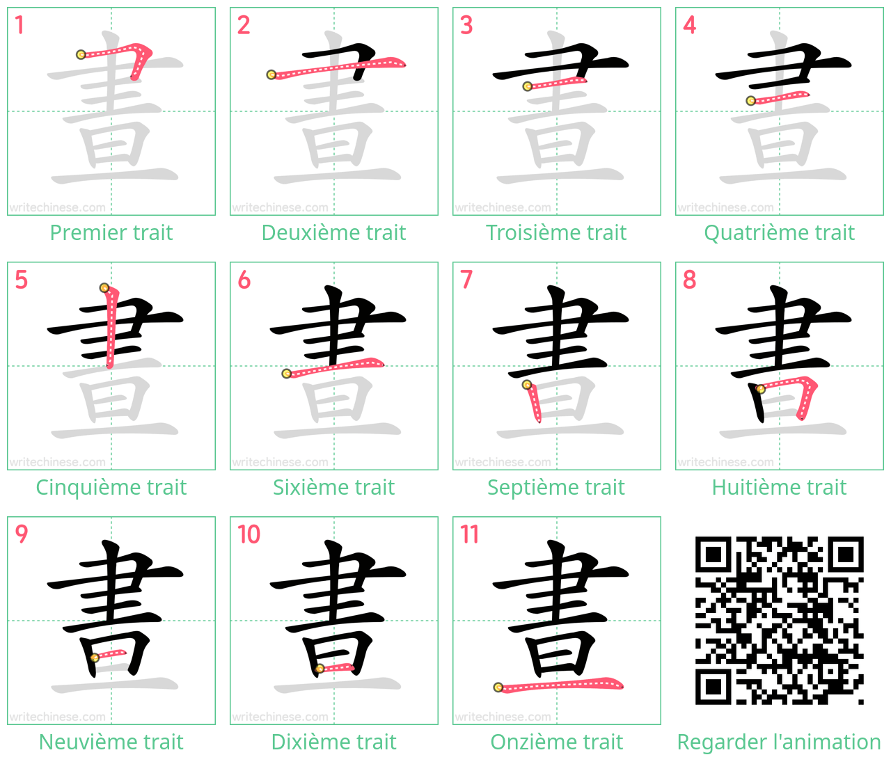 Diagrammes d'ordre des traits étape par étape pour le caractère 晝