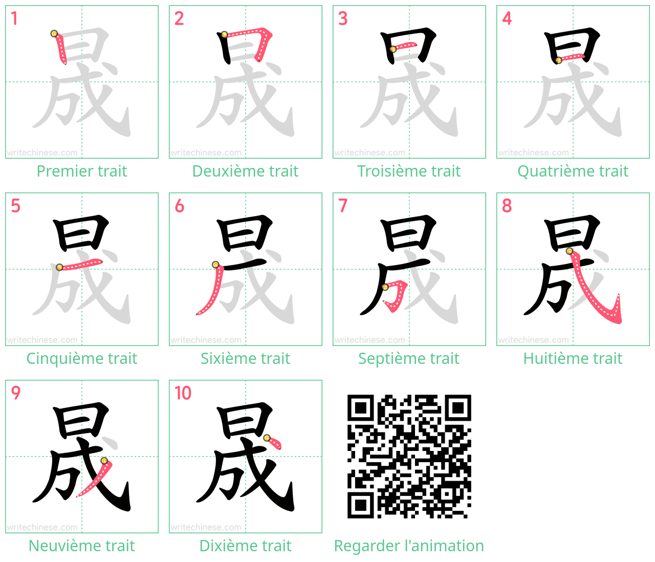 Diagrammes d'ordre des traits étape par étape pour le caractère 晟