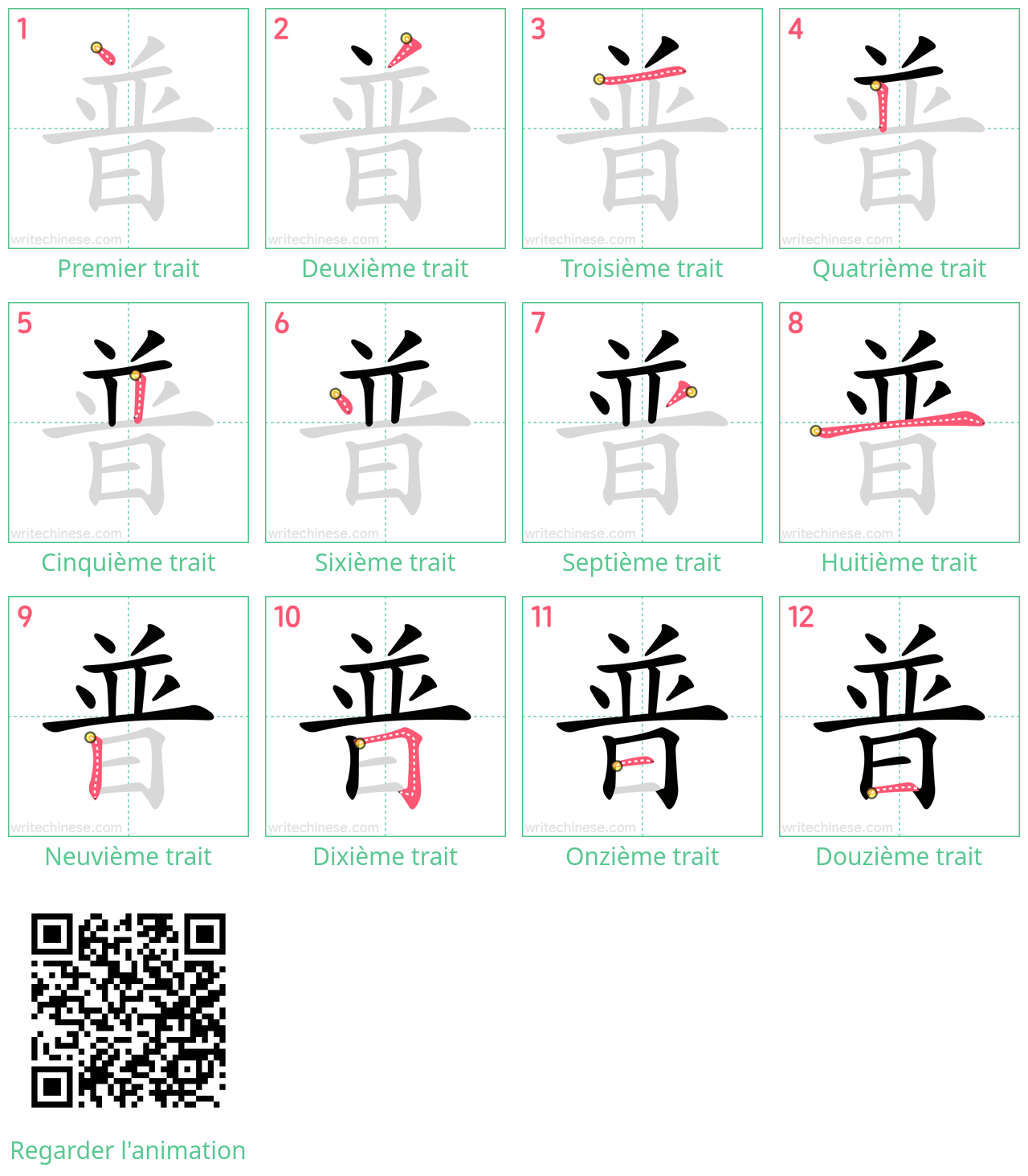 Diagrammes d'ordre des traits étape par étape pour le caractère 普