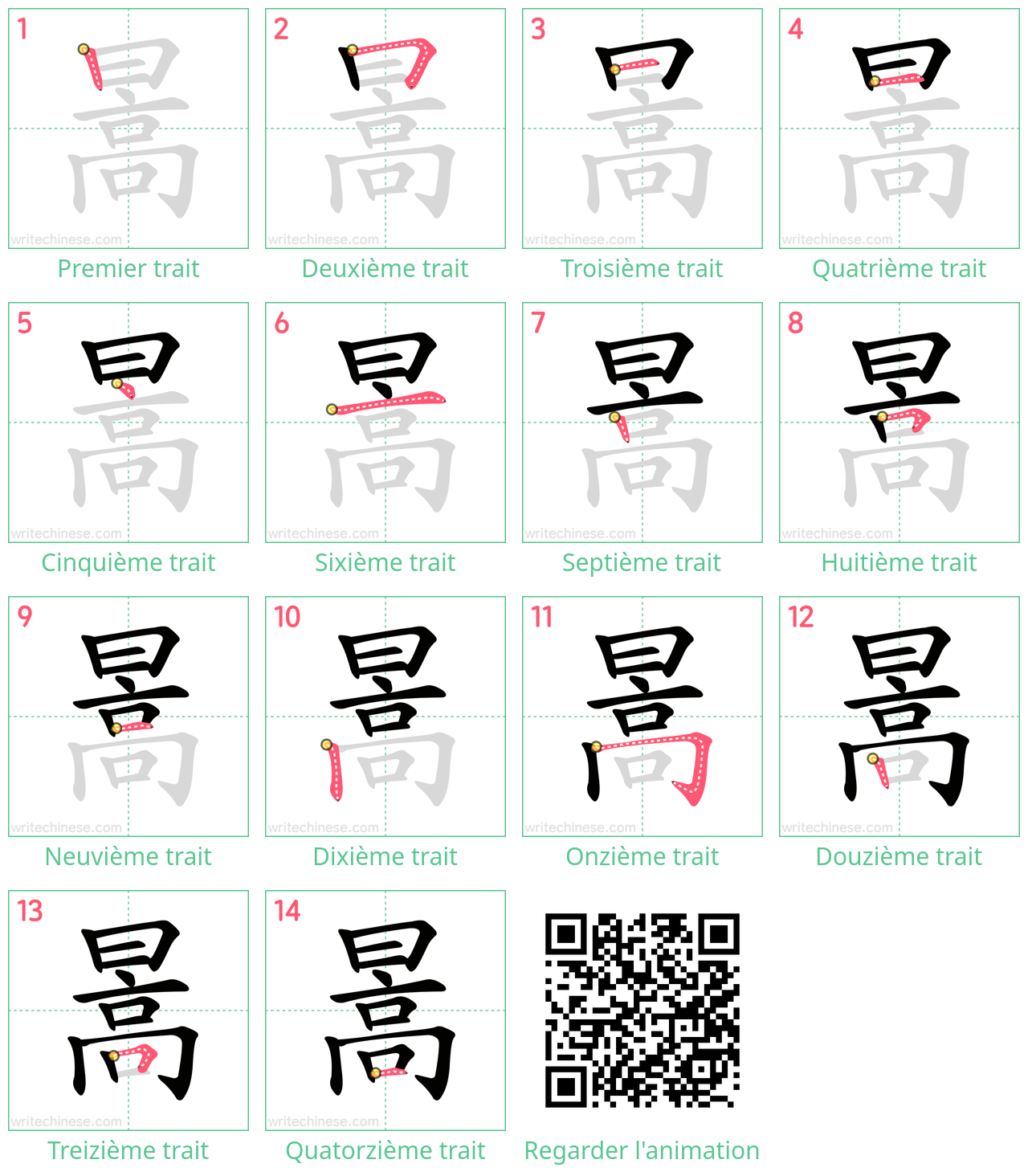 Diagrammes d'ordre des traits étape par étape pour le caractère 暠