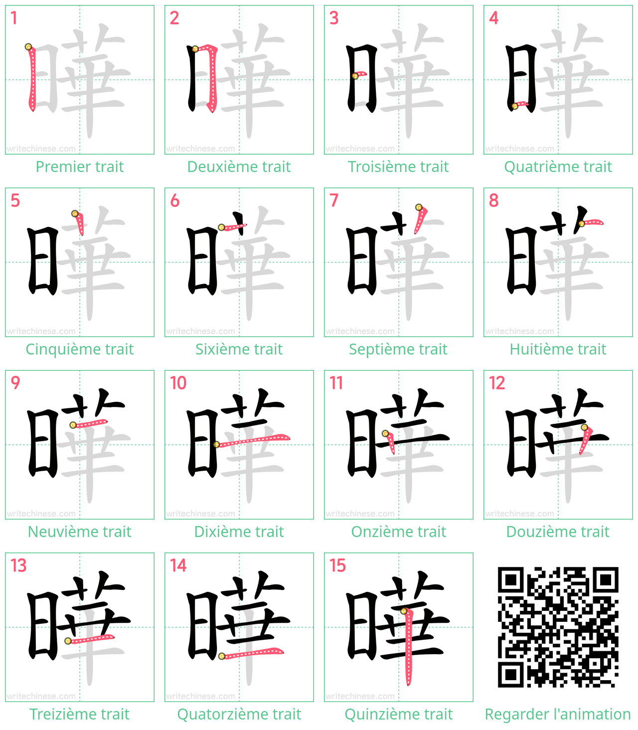 Diagrammes d'ordre des traits étape par étape pour le caractère 曄