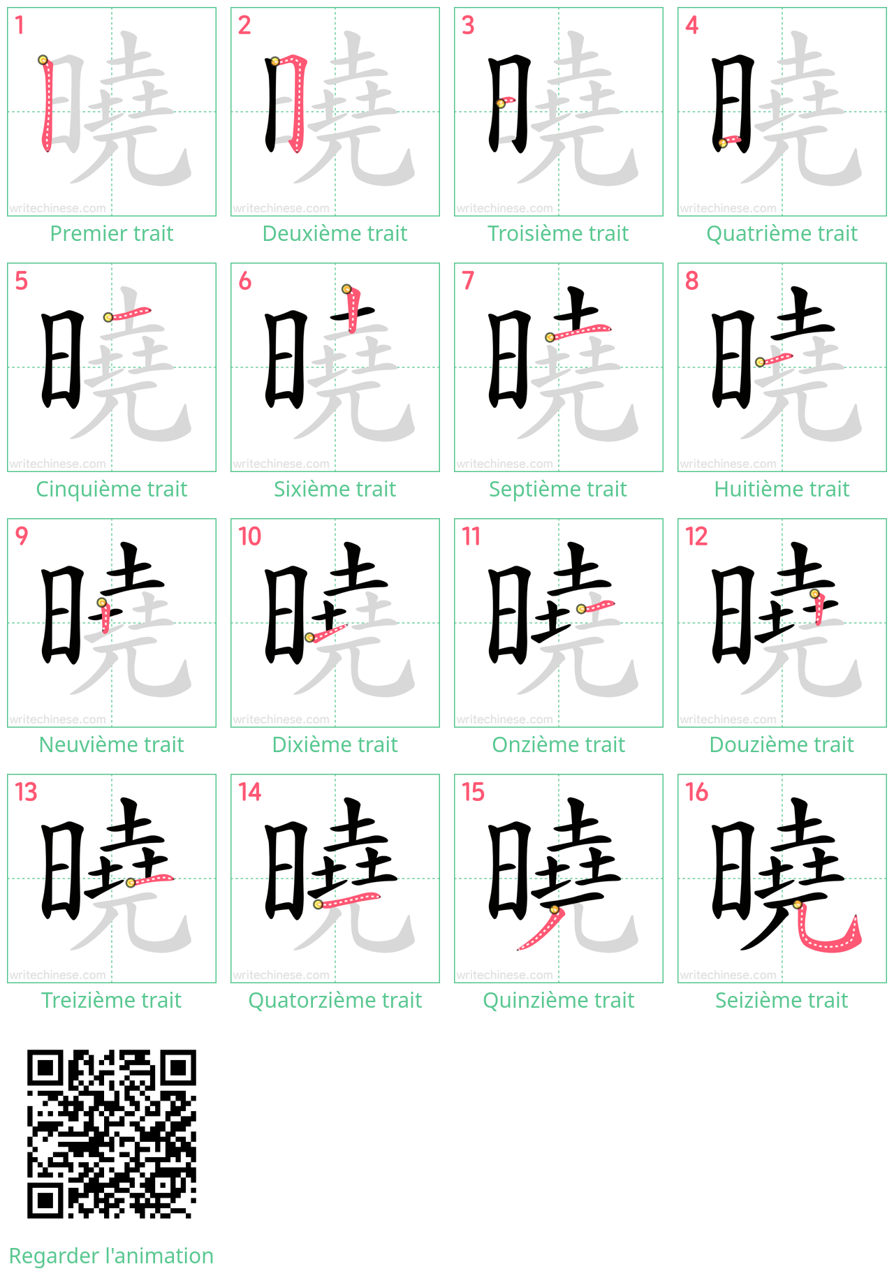 Diagrammes d'ordre des traits étape par étape pour le caractère 曉