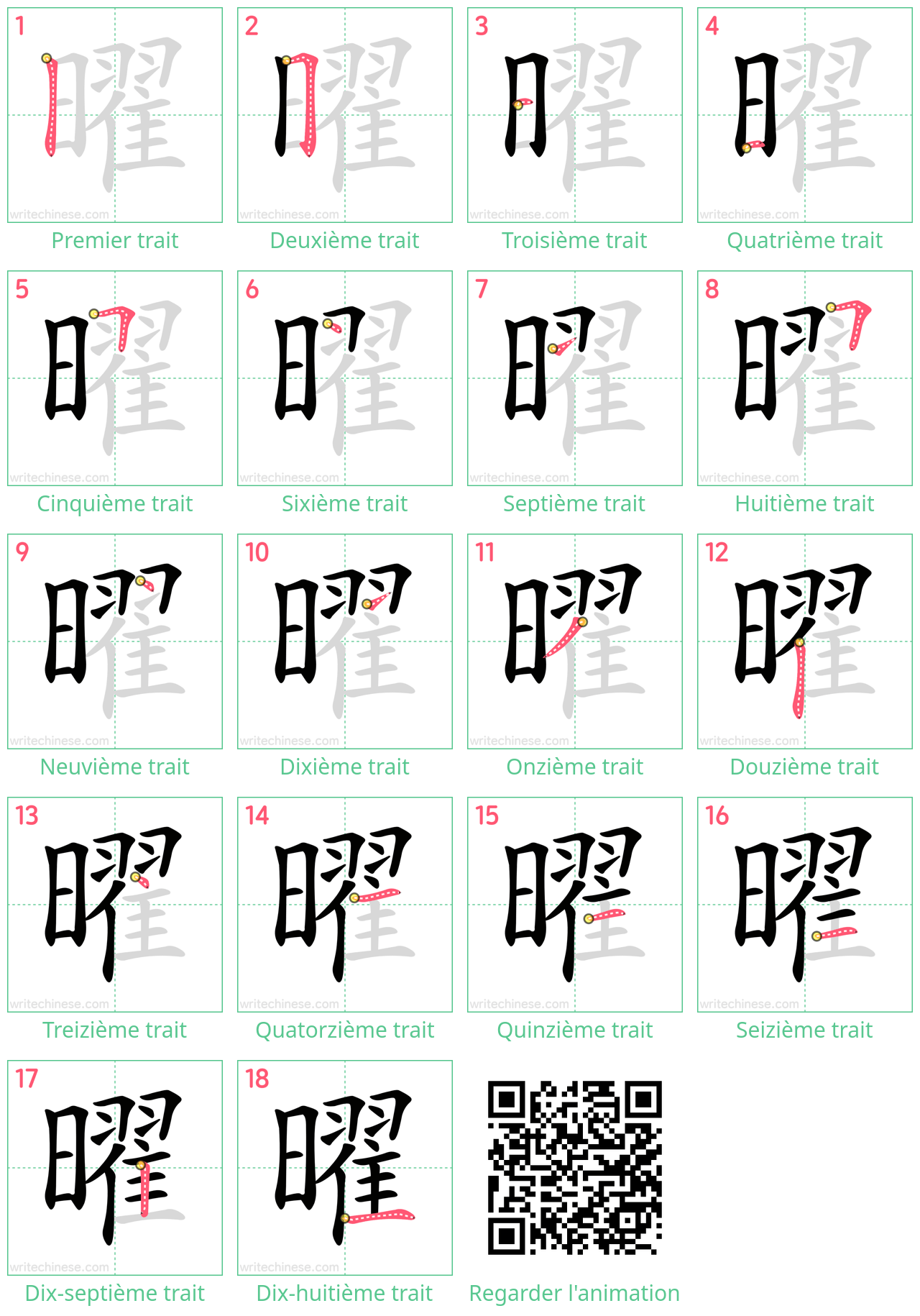 Diagrammes d'ordre des traits étape par étape pour le caractère 曜