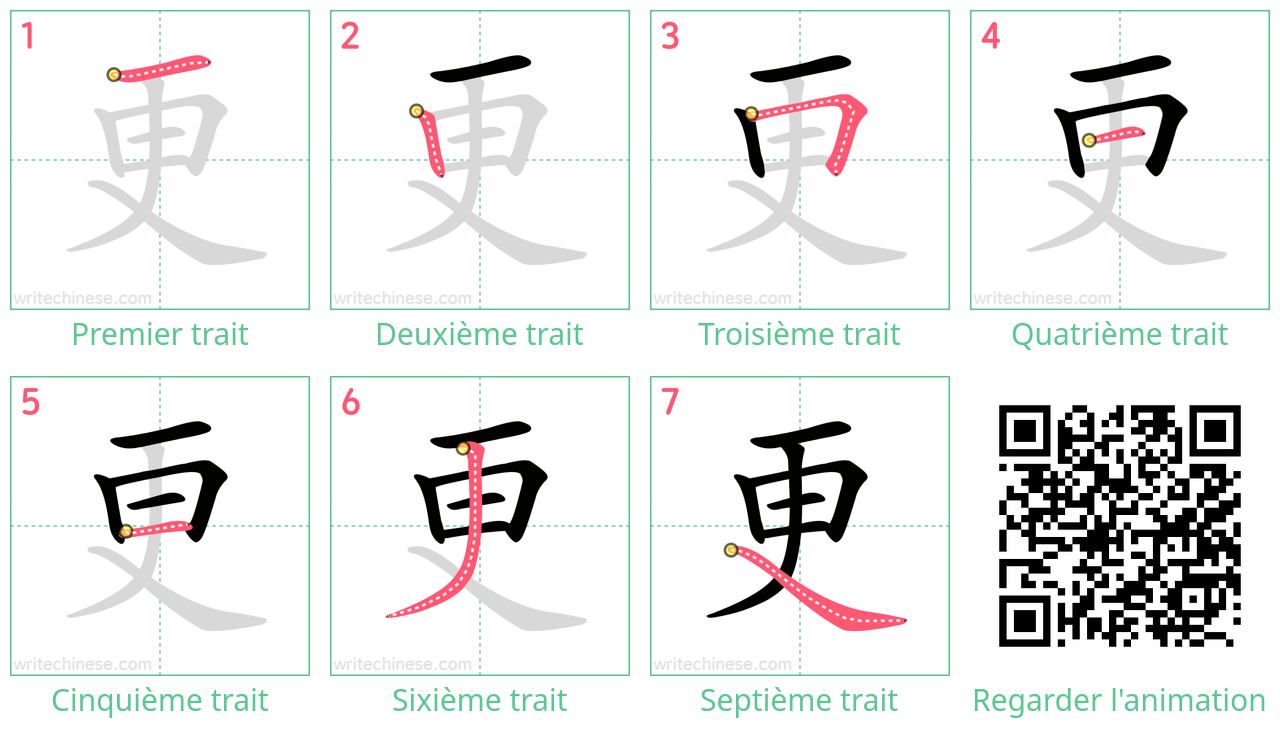 Diagrammes d'ordre des traits étape par étape pour le caractère 更