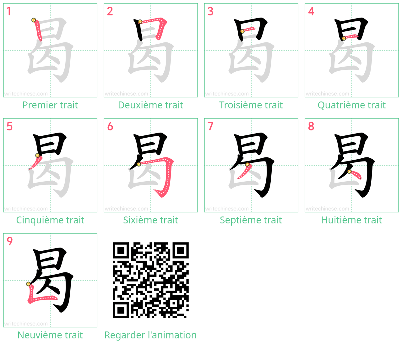 Diagrammes d'ordre des traits étape par étape pour le caractère 曷