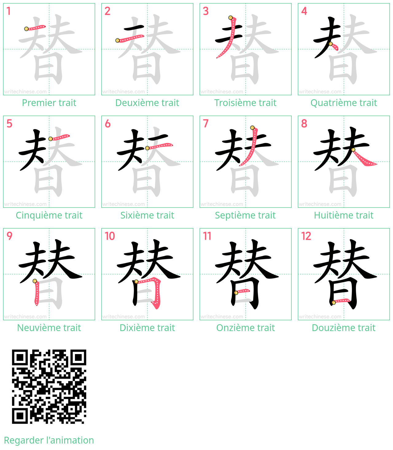 Diagrammes d'ordre des traits étape par étape pour le caractère 替