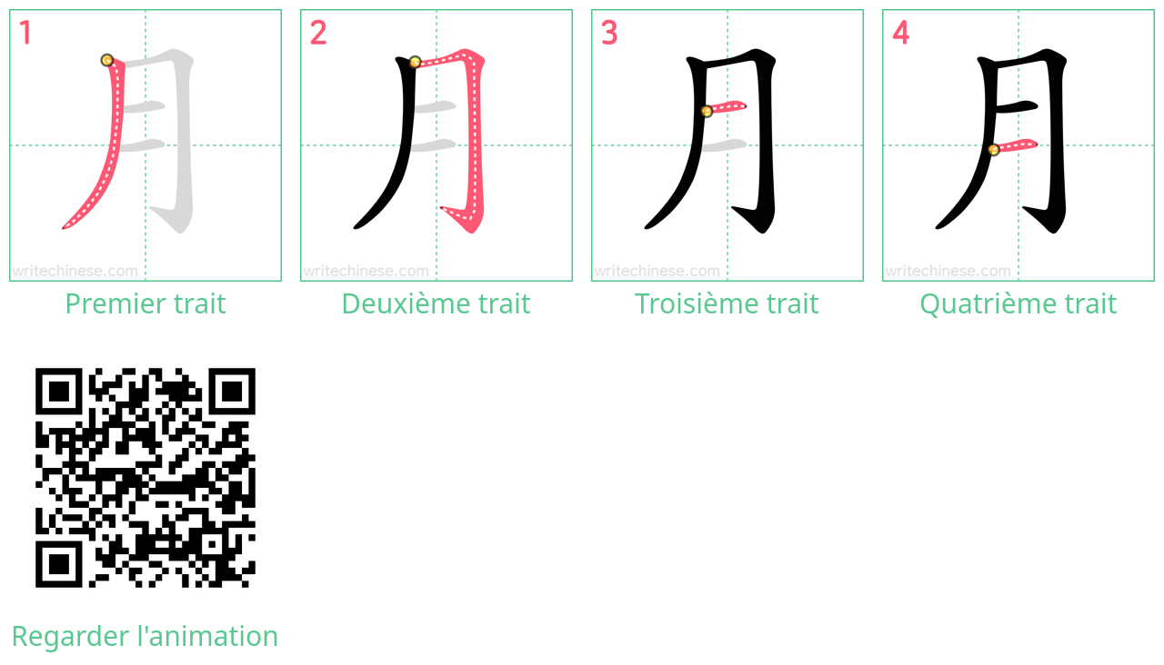 Diagrammes d'ordre des traits étape par étape pour le caractère 月