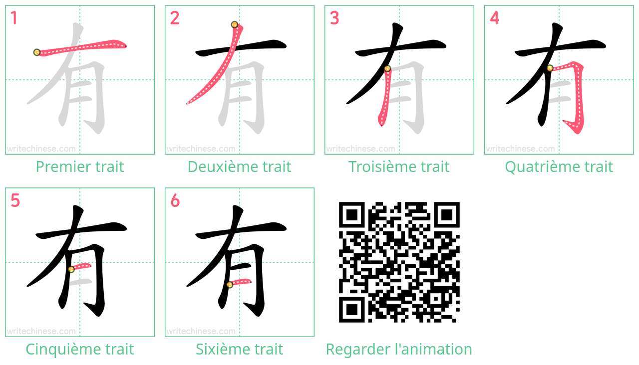 Diagrammes d'ordre des traits étape par étape pour le caractère 有