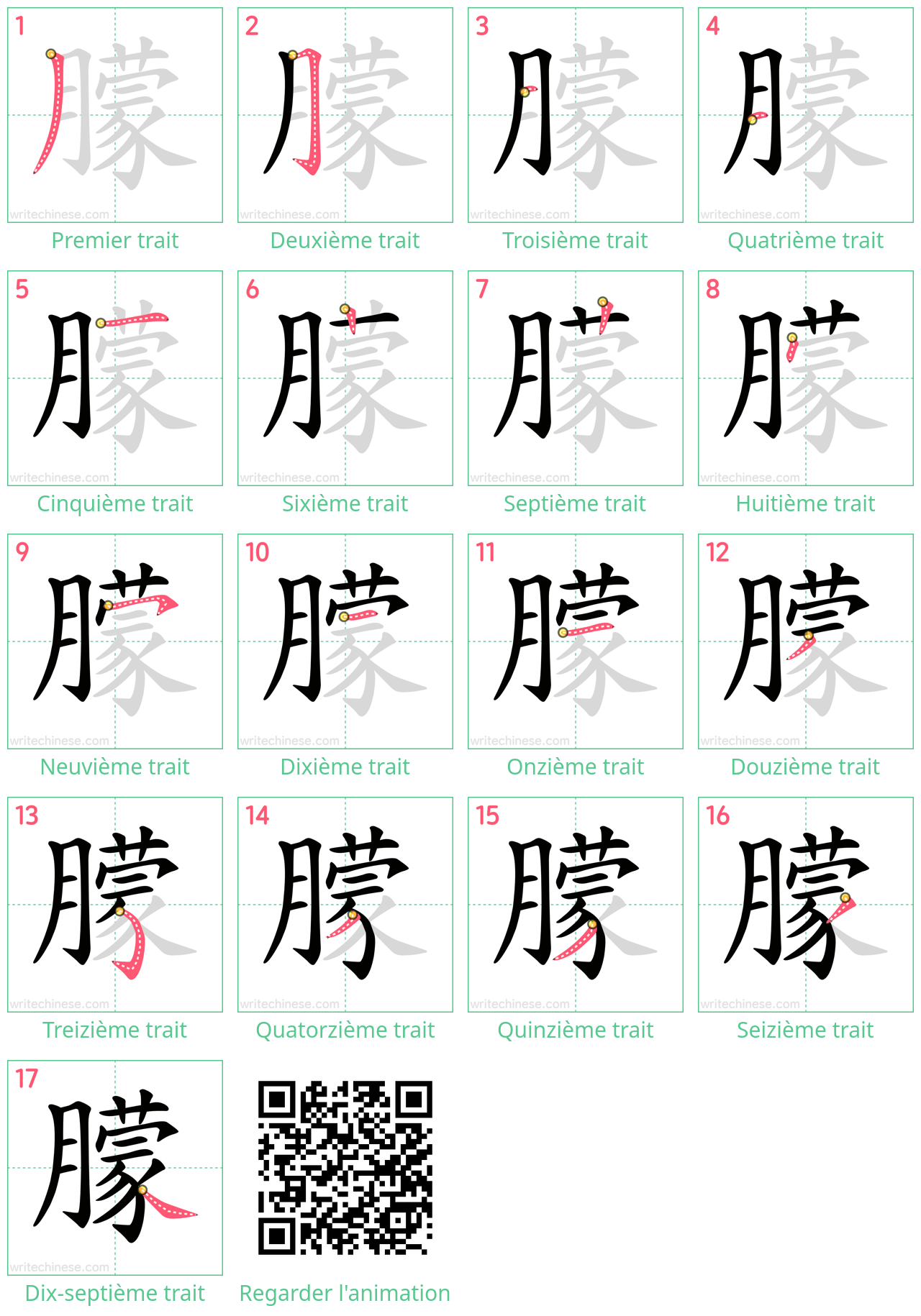 Diagrammes d'ordre des traits étape par étape pour le caractère 朦