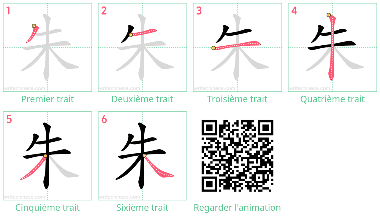 Diagrammes d'ordre des traits étape par étape pour le caractère 朱