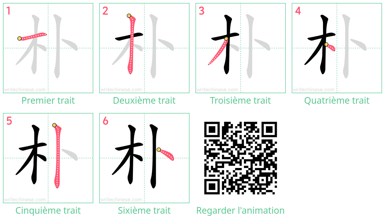 Diagrammes d'ordre des traits étape par étape pour le caractère 朴