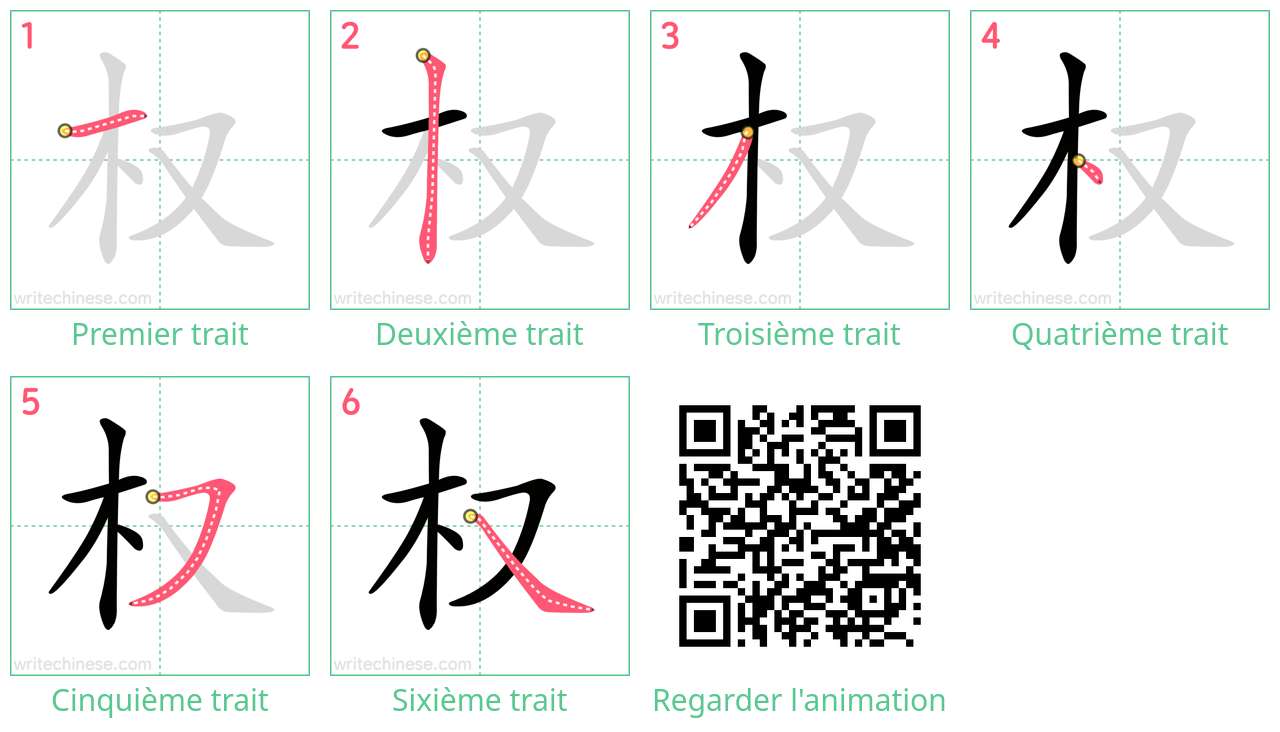 Diagrammes d'ordre des traits étape par étape pour le caractère 权