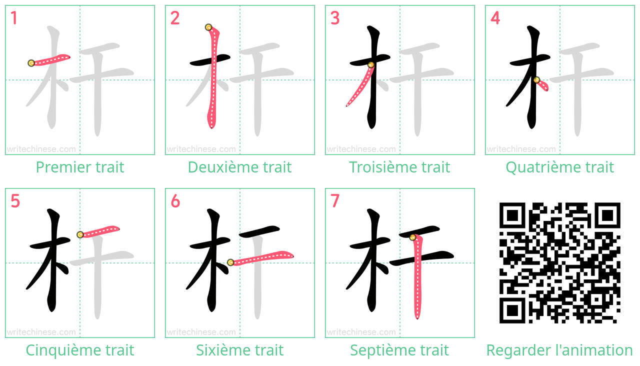 Diagrammes d'ordre des traits étape par étape pour le caractère 杆