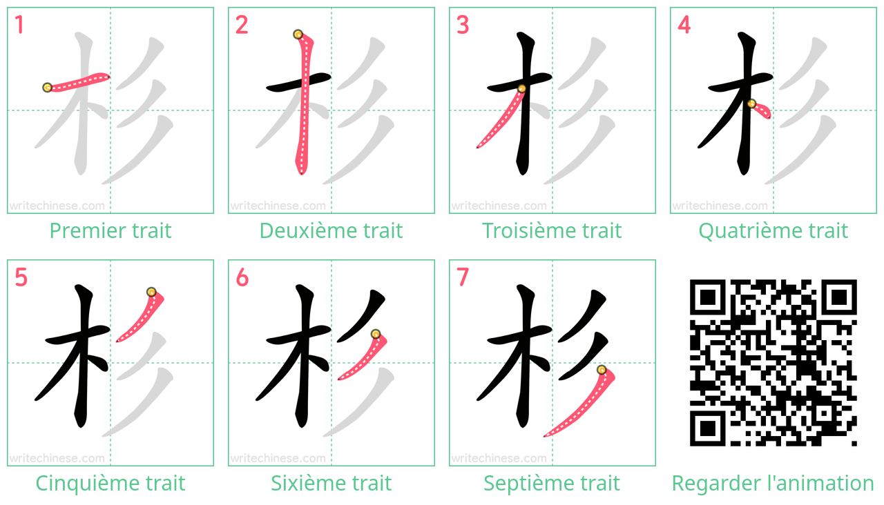 Diagrammes d'ordre des traits étape par étape pour le caractère 杉