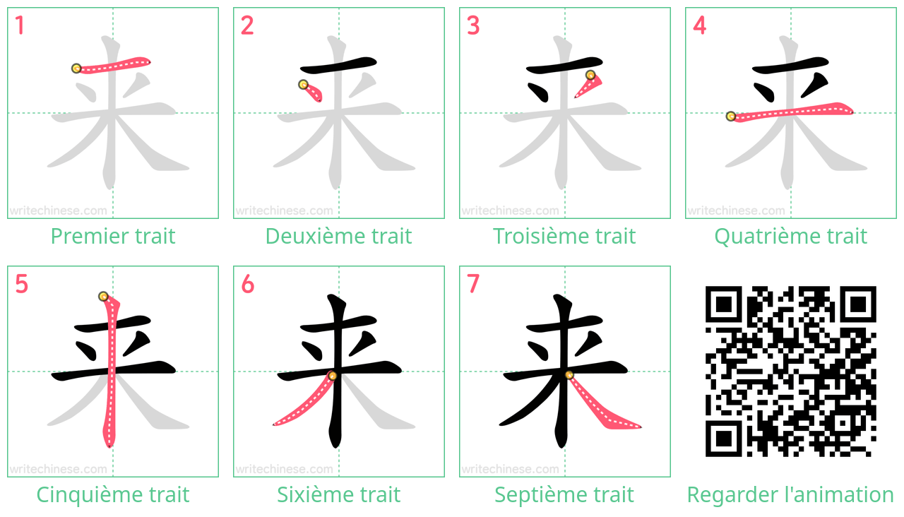 Diagrammes d'ordre des traits étape par étape pour le caractère 来