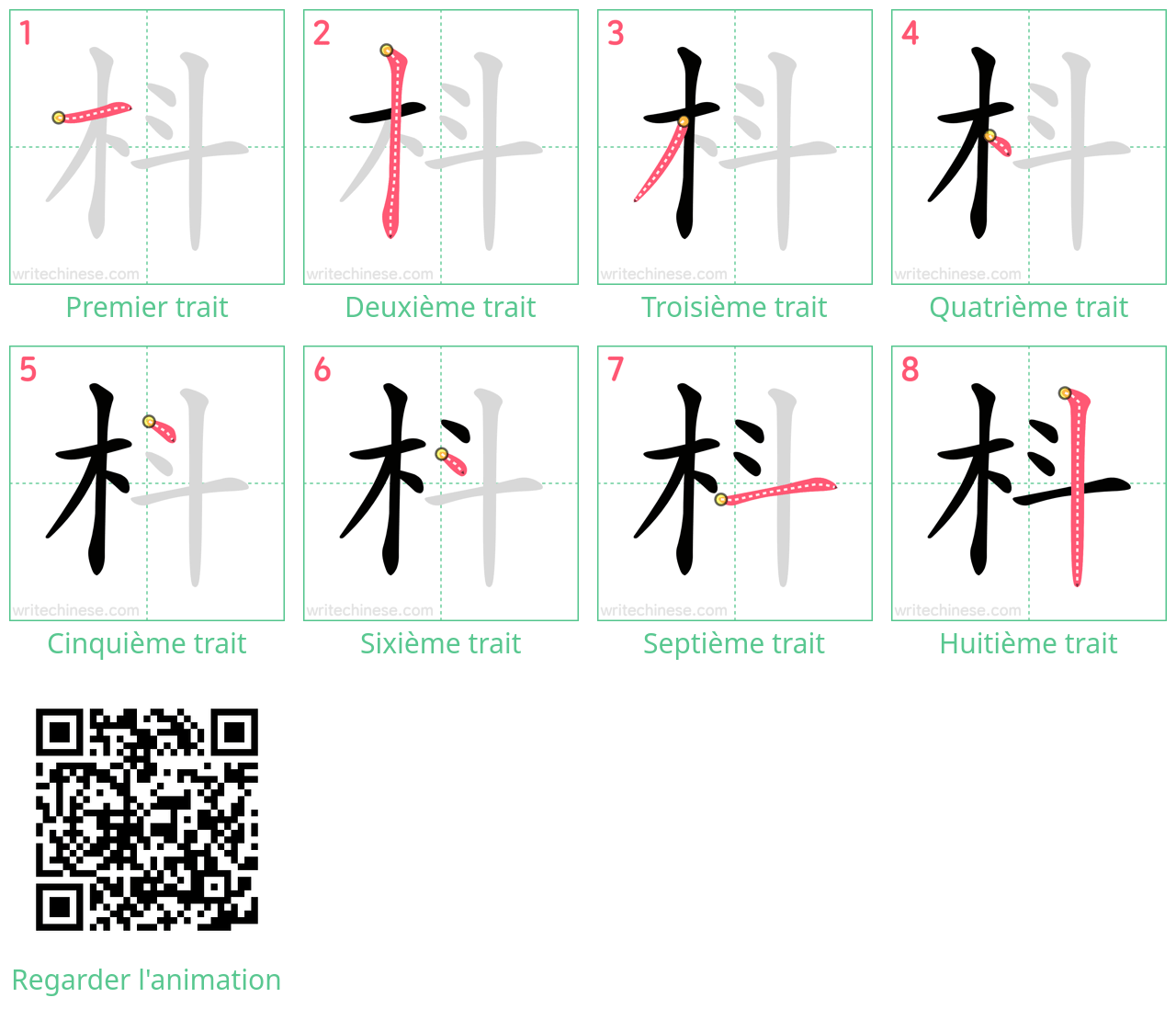 Diagrammes d'ordre des traits étape par étape pour le caractère 枓